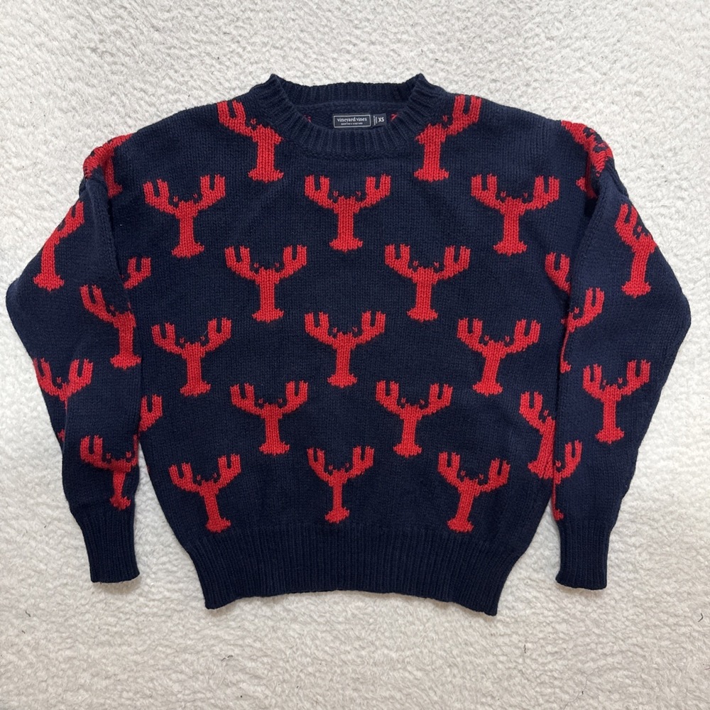 Vineyard Vines Lobster Fair Isle Crew Knit Wool‎ Sweater Nautical Navy Womens XS